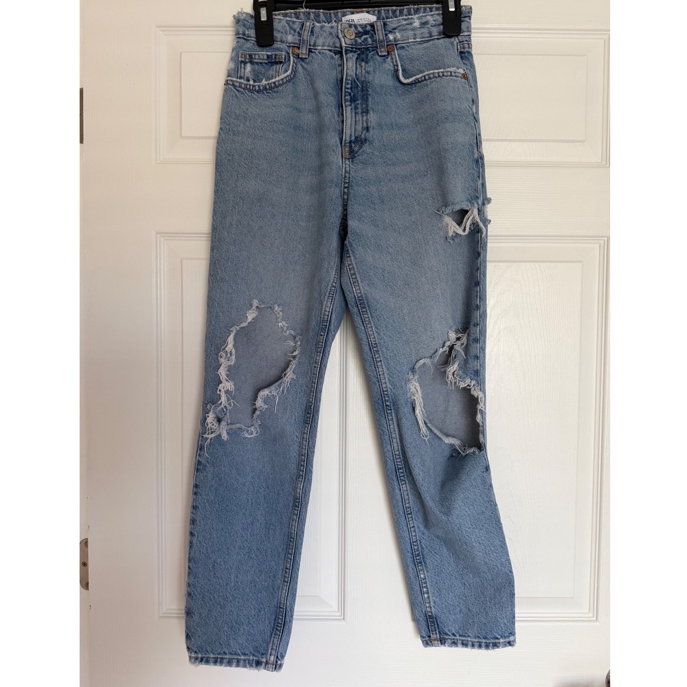 Zara Womens High Waisted Distressed Mom Jeans Light Wash Ripped Blue Size 4 26